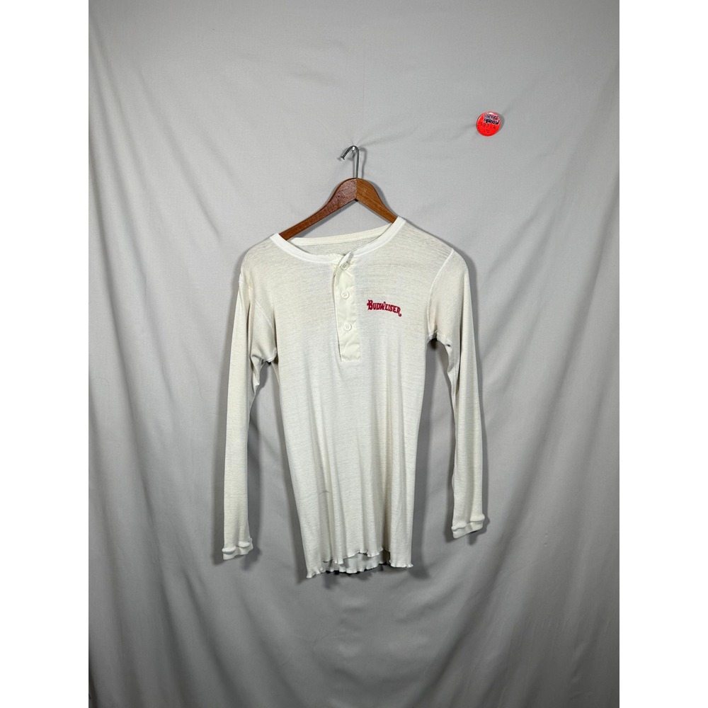 Vintage Budweiser Anheuser Busch Thermal Henley Shirt Cream Long Sleeve Small